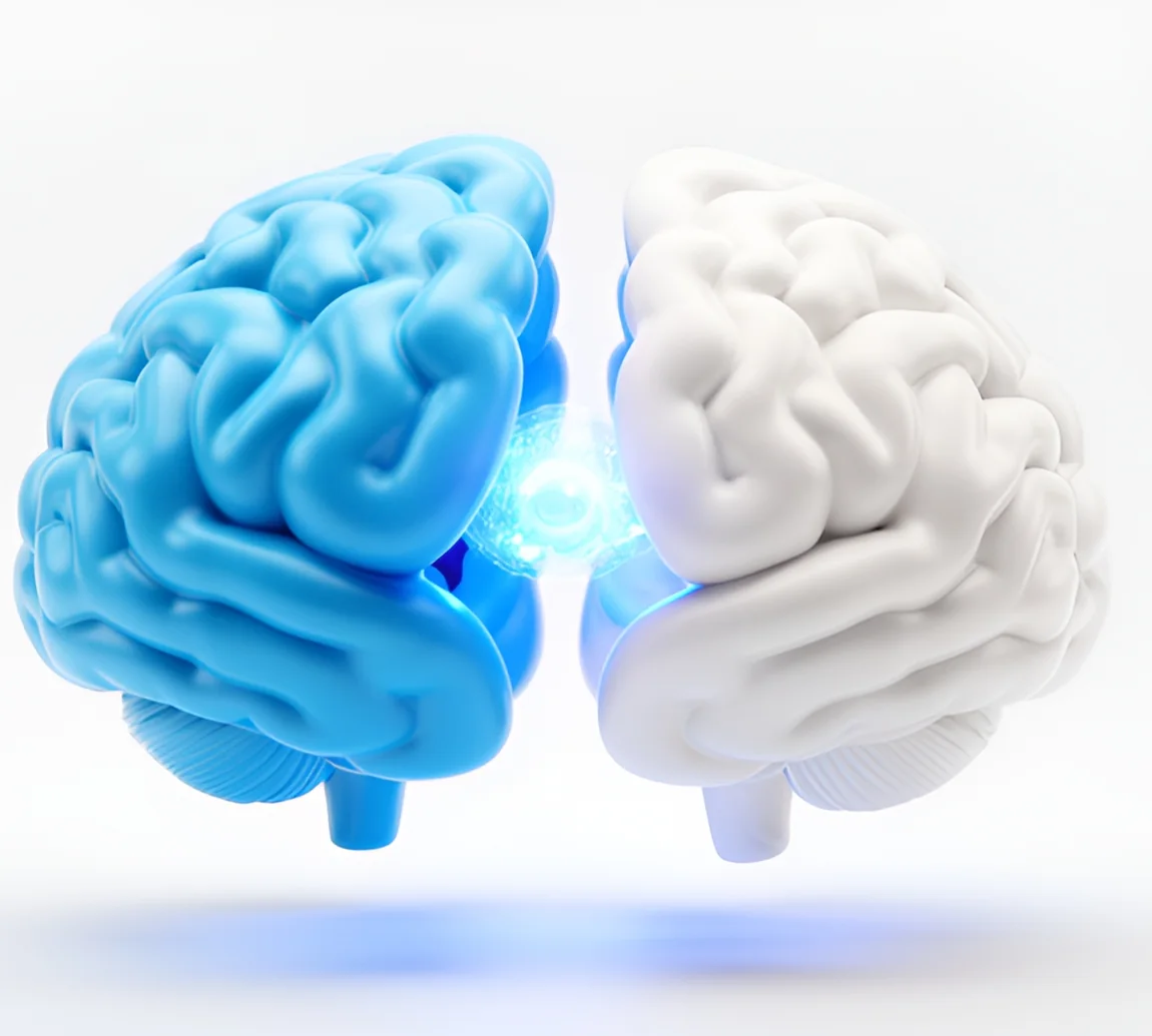 Two brain halves, blue and white